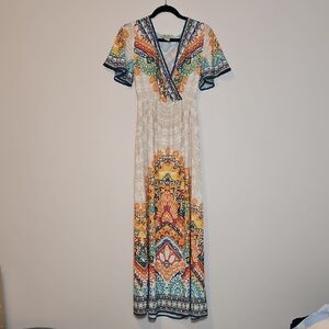 Flying Tomato Floral Beige Orange Turquoise Bohemian Hippie Maxi Summer Dress XS